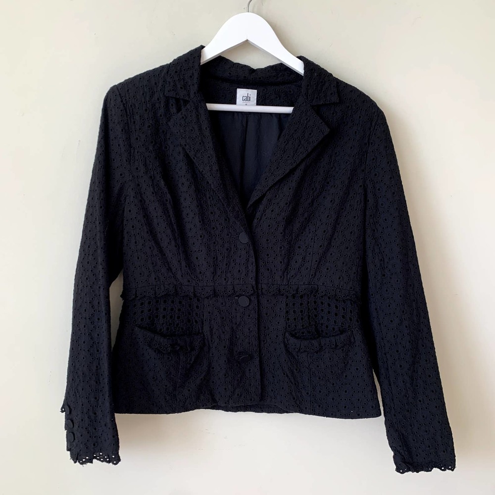 Cabi Jacket Eyelet Lace Button Suit Coat Lightweight Black Minimalist Cotton 6